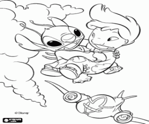 Lilo flying in the arms of Stitch coloring page