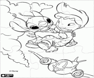 Lilo & Stitch puzzle - Puzzle of Lilo flying in the arms of Stitch coloring page