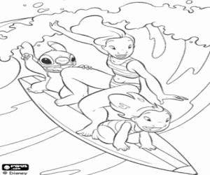 Lilo, Stitch surfing in  the waves in Hawaii with Nani, Lilo