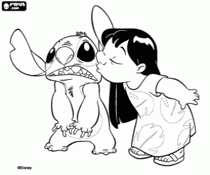 Lilo, the Hawaiian girl kisses Stitch, the Experiment 626 of Dr. Jumba coloring page