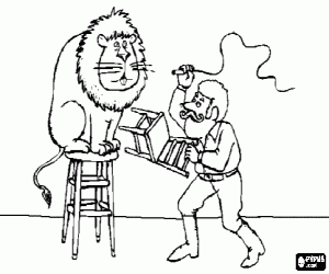 Lion sitting on a stool beside its trainer with a whip and a chair in his hands coloring page