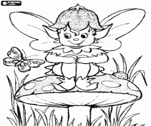 Little elf sitting on a mushroom watching the flight of a butterfly coloring page