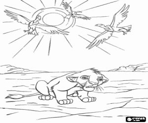 Little Simba tired and thirsty in the desert under the bright sun and the vultures threatening flight coloring page