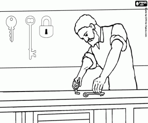 Locksmith work on the desk of the workshop with the tools and keys coloring page