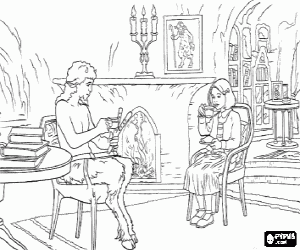 Lucy Pevensie taking the tea at the home of the faun Mr. Tumnus coloring page
