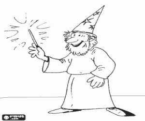 Magician, sorcerer or wizard smiling with the wand and the hat-shaped cone coloring page