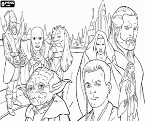 Main characters in the Star Wars saga coloring page
