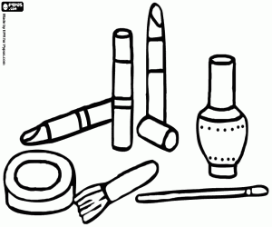 Makeup kit with lipstick, nail polish, blusher or rouge and brush coloring page