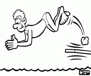 Man jumping headfirst into the water from the diving board of the swimming pool  coloring page