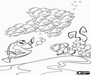 Marlin and Dory watching a flock of fish during the search for Nemo coloring page