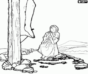 Mary Magdalene kneeling in prayer before Christ Crucified coloring page