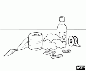 Material for first aid for minor wounds, bandages, plasters, tape, cotton and disinfectant coloring page