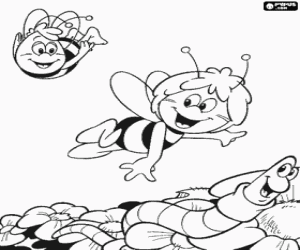 Maya the Bee and her friend Willi flying over flowers coloring page