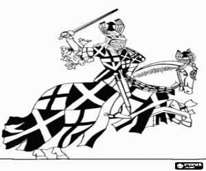 Medieval knight with a helmet riding a horse participating in a fight with sword in hand coloring page