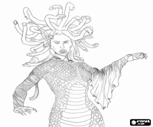 Medusa, female monster from Greek mythology who turned to stone those who looked coloring page