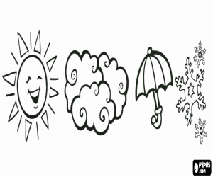Meteo or Weather symbols - Sun, clouds, umbrella and snowflakes coloring page