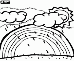 Meteorological phenomena: sun, clouds, rain and rainbow coloring page