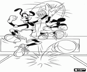 Mickey and Goofy playing basketball, in the high five celebration coloring page
