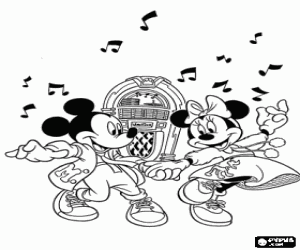 Mickey and Minnie dancing rock-and-roll coloring page
