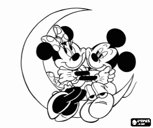 Mickey and Minnie Mouse in love and hugging on the moon coloring page