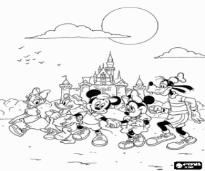 Mickey and Minnie Mouse on a tourist route near a castle with Donald, Daisy and Goofy coloring page