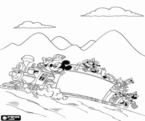 Mickey in the locomotive of a train loaded with many of his friends, Minnie, Goofy, Donald and Pluto coloring page