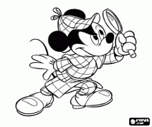 Mickey Mouse dressed as Sherlock Holmes with the magnifier to investigate coloring page