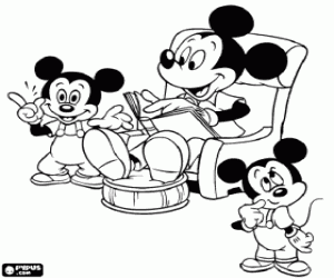 Mickey Mouse reading a story to his children coloring page