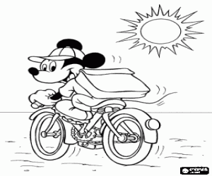 Mickey Mouse riding a bicycle with his cap under a strong sun coloring page
