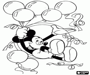 Mickey Mouse with balloons and streamers in celebration of New Year