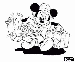Mickey Mouse with the bags and a camera for the trip coloring page