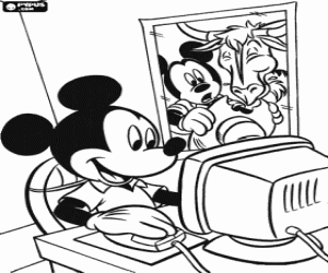 Mickey Mouse working in the computer coloring page
