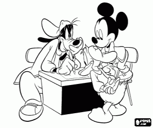 Mickey with Goofy and Donald are working around a table coloring page