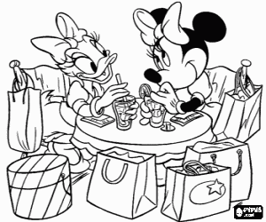 Minnie and Daisy taking a drink after shopping coloring page