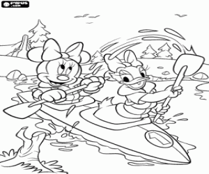 Minnie Mouse paddling a canoe with her friend Daisy coloring page