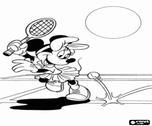 Minnie Mouse playing tennis, when hitting the ball with the racket coloring page