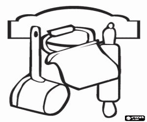 Miscellaneous kitchen utensils hanging - Pans and wooden roller coloring page