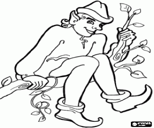 Mischievous elf sitting on the branch of a tree coloring page