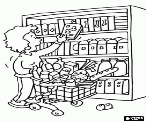 Mom making the purchase at the supermarket with the cart full of food coloring page