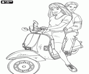 Motorcycle scooter with girl and boy - Barbie and Ken coloring page