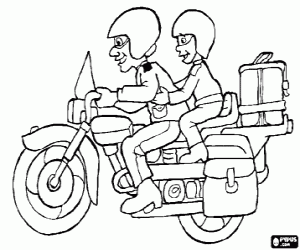 Motorcycle, touring bike, with driver and passenger coloring page