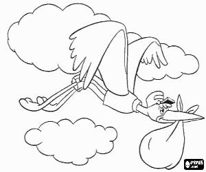 Mr. Stork flying to the circus to deliver a baby elephant to Mrs Jumbo coloring page