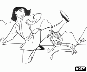 Mulan training with Mushu to fight in the war against the huns coloring page