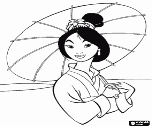 Mulan walking very elegant with a parasol coloring page