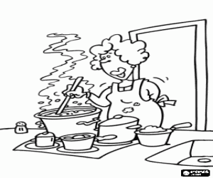 Mum cooking, cook preparing food in the kitchen coloring page