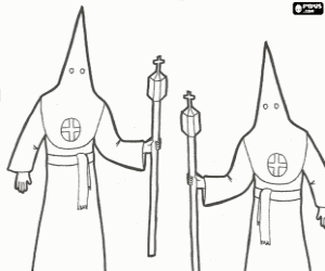 Nazarenes or penitents in a procession during Holy Week with hood or cone, robe and cape coloring page