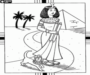 Near a pyramid and some palm trees Cleopatra walking along with her cat, representing the goddess Bastet, with their headgear in the form of a snake or asp coloring page