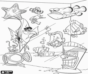 Nemo in the aquarium with their new friends coloring page