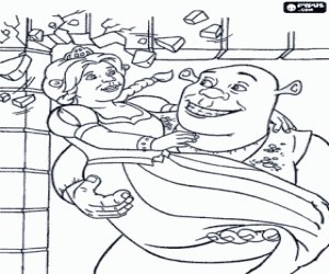Newlyweds Shrek and Fiona, just married, Shrek enters the house with Fiona in his arms coloring page