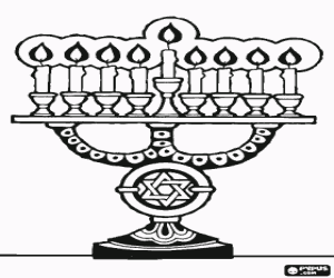 Nine-branched candelabrum with lighted candles, a Hanukiah used in the celebrations of Hanukkah coloring page